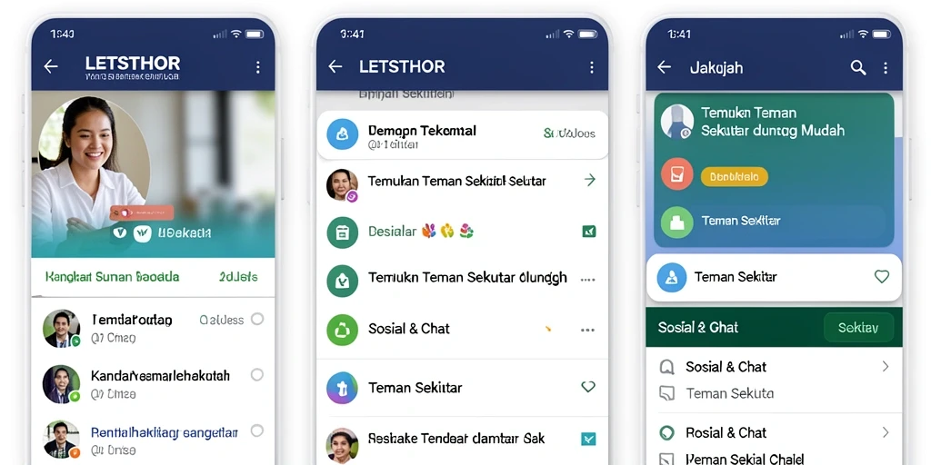 Tampilan antarmuka pengguna LETSTHOR untuk menemukan teman sekitar.